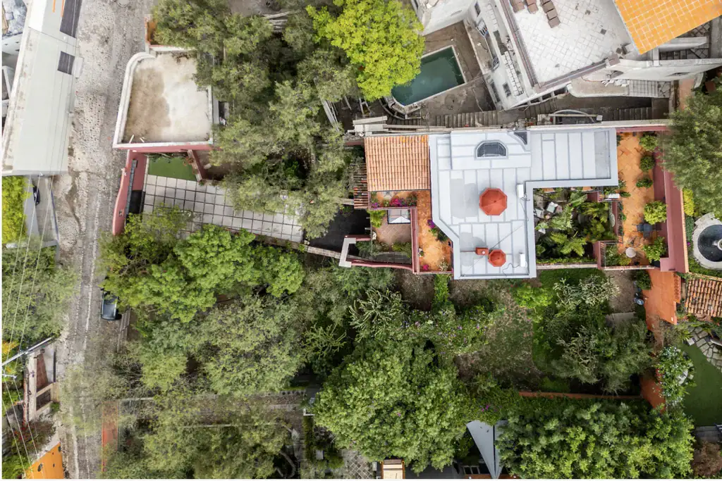 Casa del Arroyo, aerial view of the house and garden among trees, San Miguel de Allende