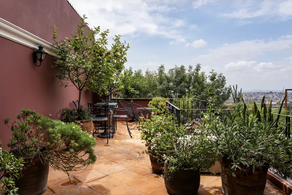 Casa del Arroyo, roof terrace with potted plants and wrought-iron tables, San Miguel de Allende