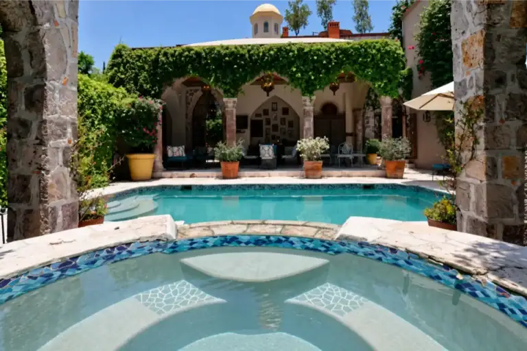Luxurious backyard with a rectangular pool, stone arches, and ivy-covered pergola overlooking a seating area. A circular spa sits in the foreground, San Miguel de Allende