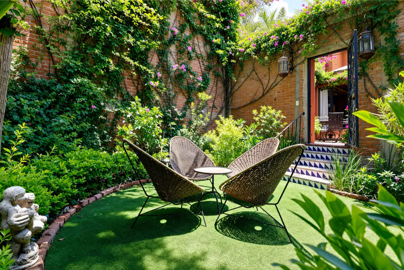 Cozy patio garden with three wicker chairs around a small round table on artificial grass, brick walls, climbing vines, and pink flowers. A tiled staircase leads to an open doorway nearby, San Miguel de Allende