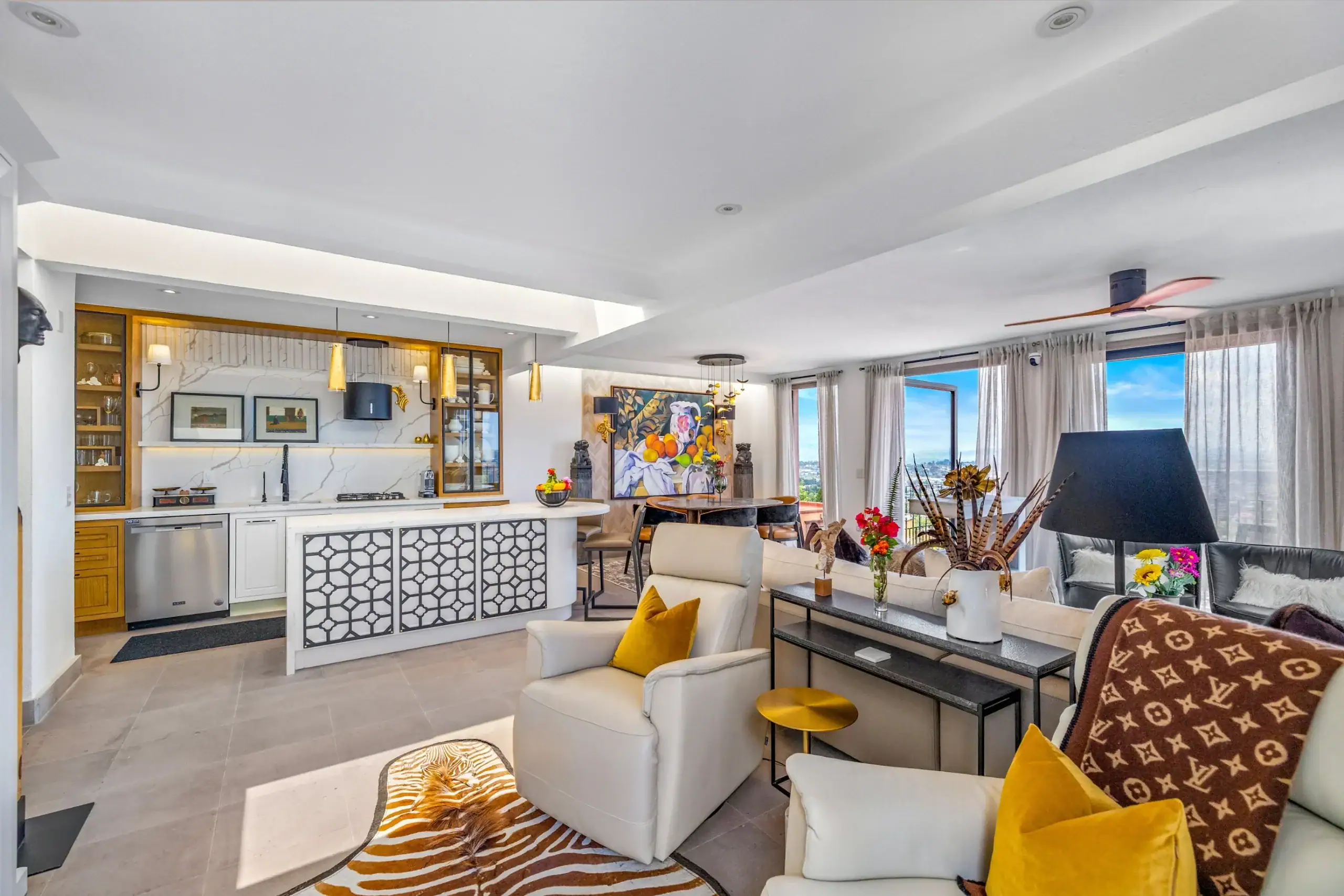 Casa Romana, living area with a zebra rug and city views, San Miguel de Allende