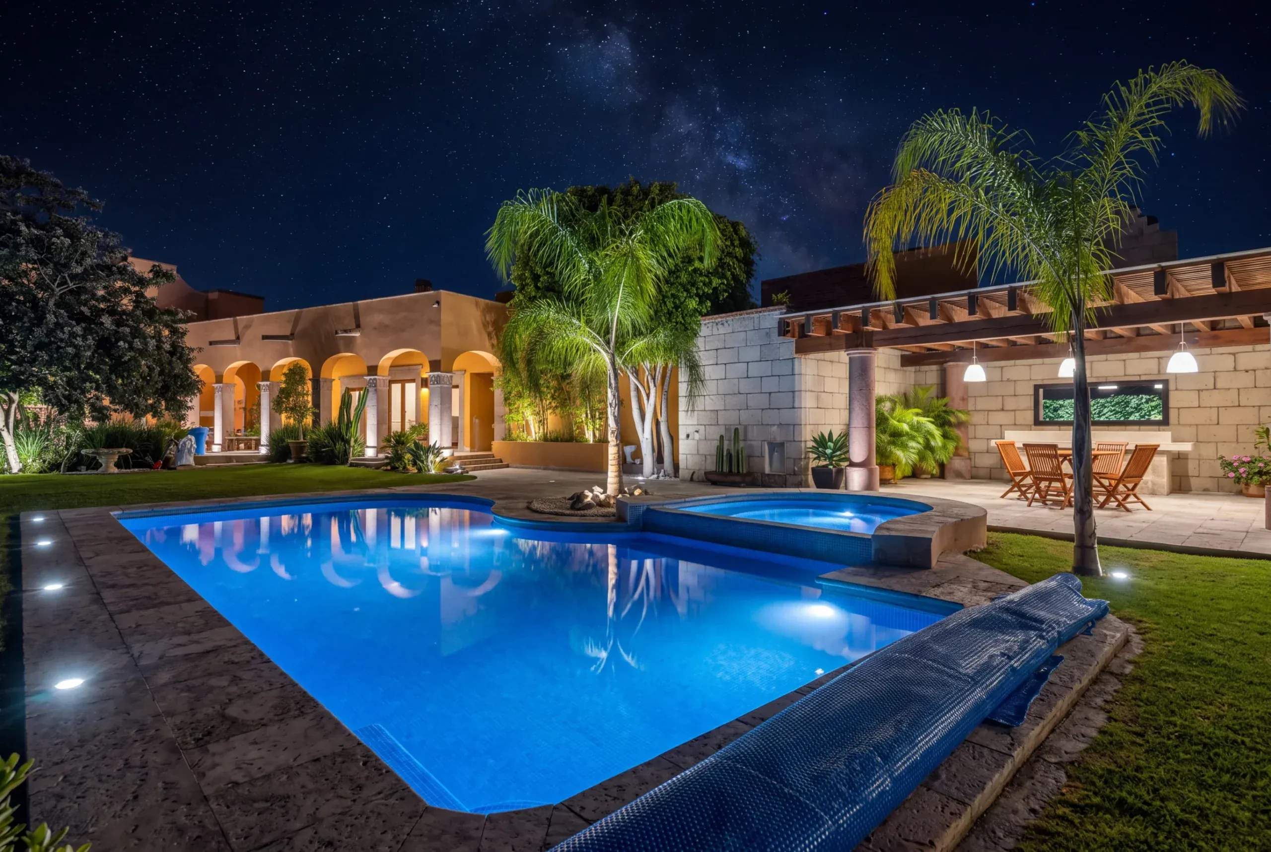 Casa Romana, swimming pool and clubhouse at night, San Miguel de Allende