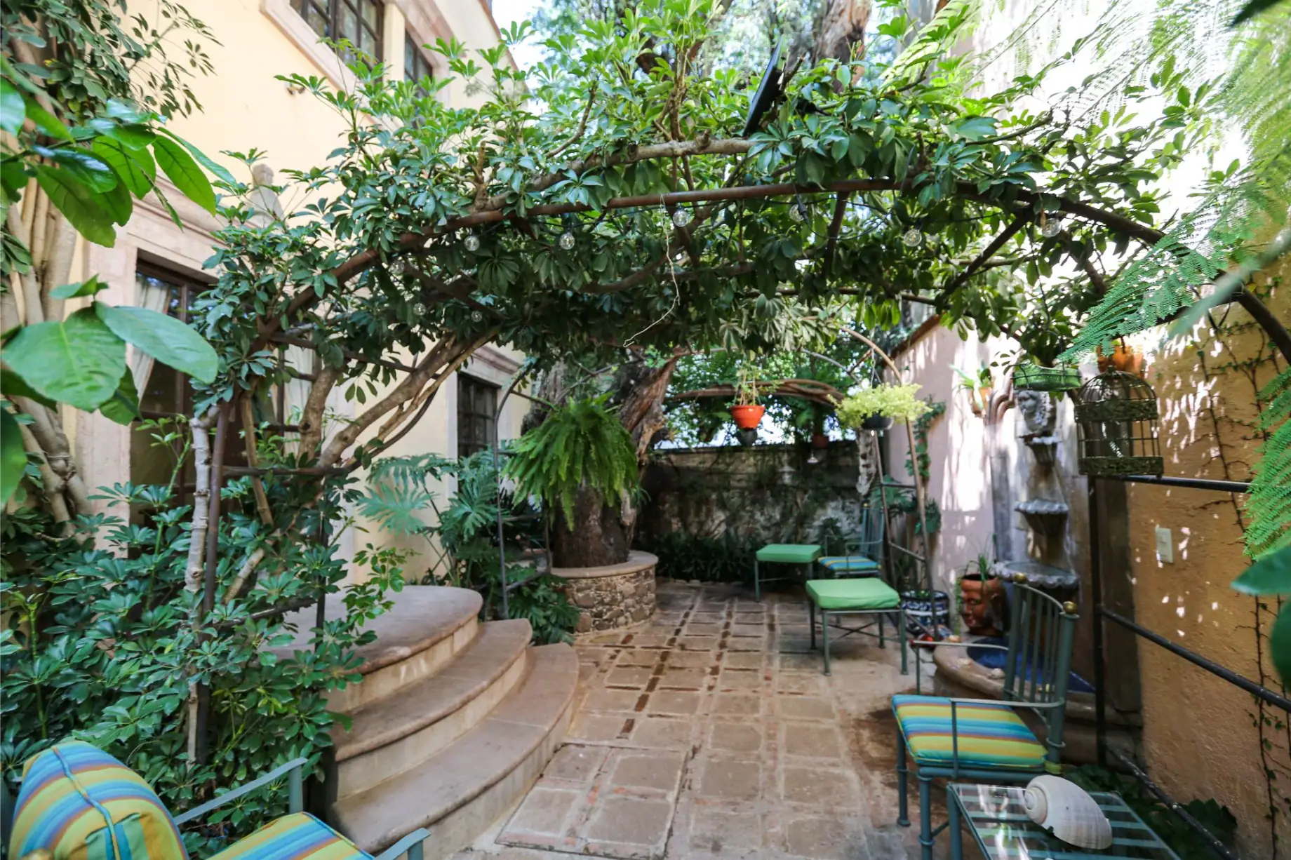 Casa Privada Baeza, pergola-covered garden path with outdoor seating, San Miguel de Allende