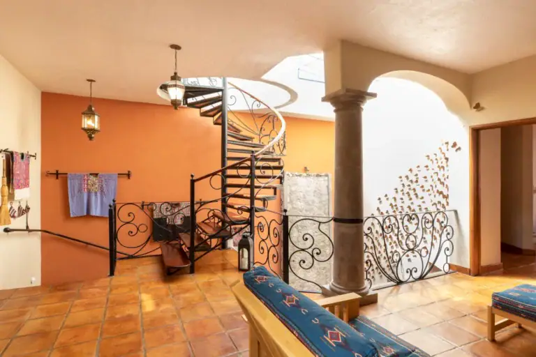 Casa Brillante, hall with a wrought-iron spiral staircase, San Miguel de Allende
