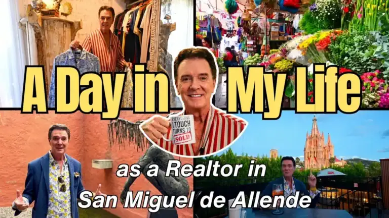 Collage of Greg Gunter shopping for clothes, holding a mug and standing near the Parroquia, with the text 'A Day in My Life as a Realtor in San Miguel de Allende'