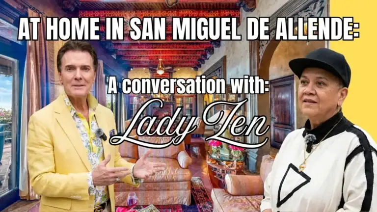 Greg Gunter in a yellow jacket beside Lady Zen in a colorful courtyard home, titled 'At Home in San Miguel de Allende: A conversation with Lady Zen'