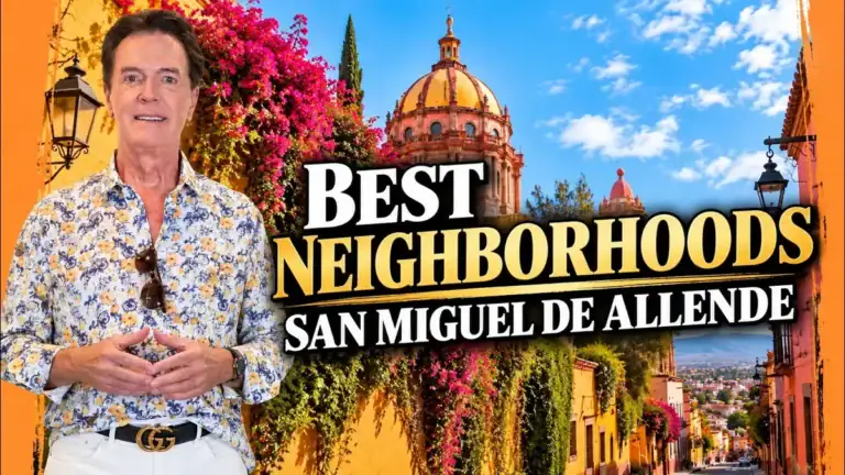 Greg Gunter in a floral shirt in front of bougainvillea and a church dome, with the text 'Best Neighborhoods, San Miguel de Allende'
