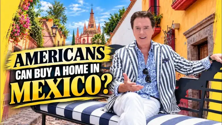 Greg Gunter in a striped blazer seated on a bench on a colorful street, with the text 'Americans can buy a home in Mexico?'