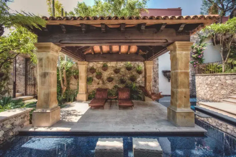 Casa Aldama, pergola with seating beside the pool, San Miguel de Allende