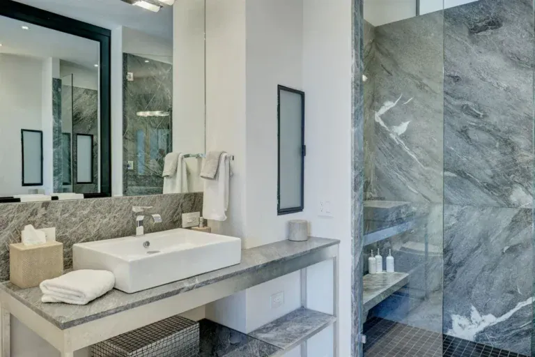 Casa Arcadia, bathroom with a vessel sink and gray marble shower, San Miguel de Allende
