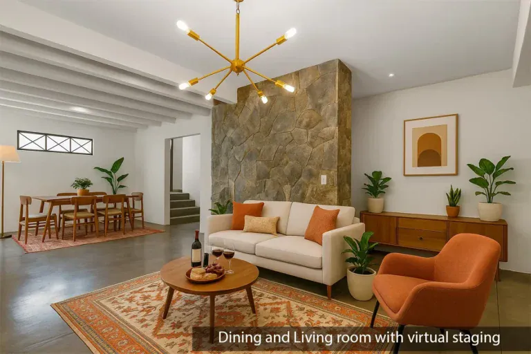 Casa Beatrice, living and dining area with a cream sofa, an orange armchair and a dining table, with a stone wall and gold chandelier, labeled as virtually staged, San Miguel de Allende