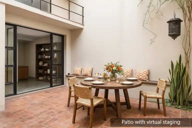 Casa Beatrice, courtyard with a round wood dining table, woven chairs, a built-in bench and hanging lanterns, labeled as virtually staged, San Miguel de Allende