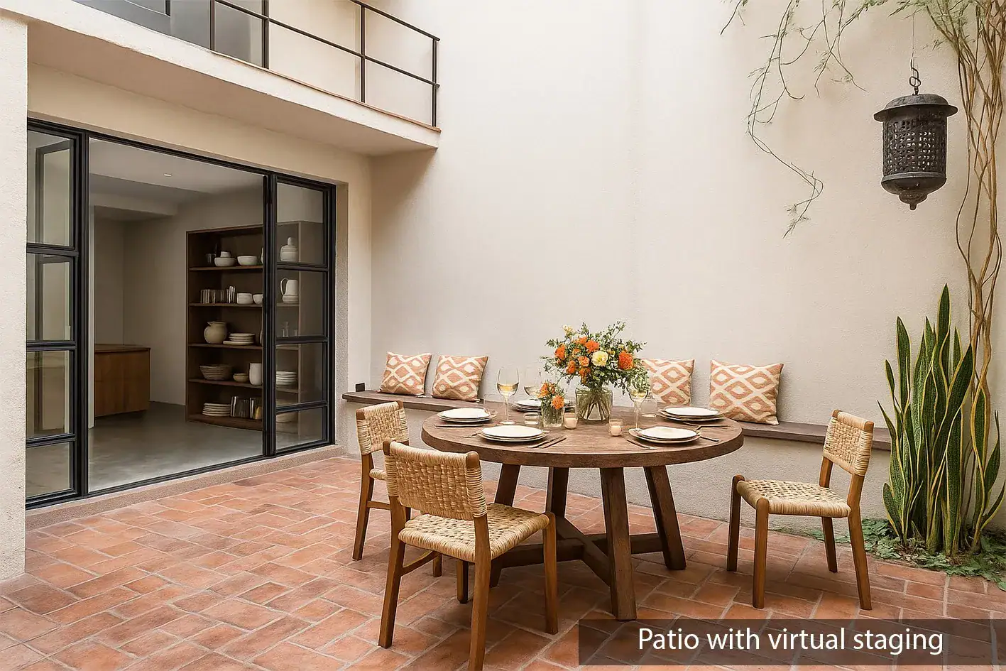 Casa Beatrice, courtyard with a round wood dining table, woven chairs, a built-in bench and hanging lanterns, labeled as virtually staged, San Miguel de Allende