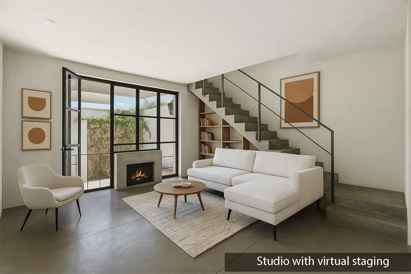 Casa Beatrice, studio with a white sofa, an armchair, a round coffee table and a fireplace by steel-framed doors, labeled as virtually staged, San Miguel de Allende