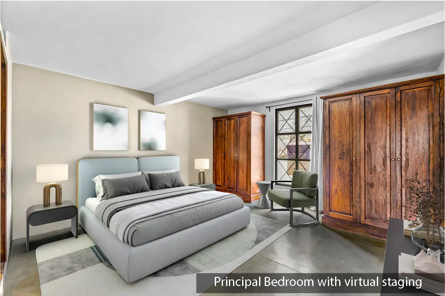 Casa Beatrice, bedroom with a blue bed, a nightstand, an armchair and two carved wood armoires, labeled as virtually staged, San Miguel de Allende