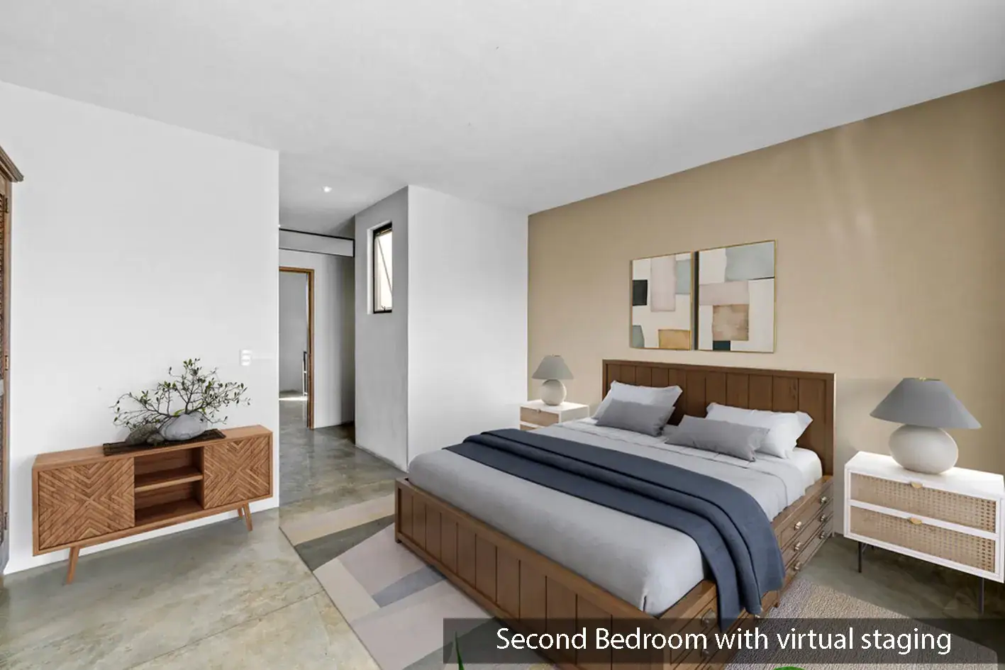 Casa Beatrice, bedroom with a wood bed, a sideboard and a blue throw beside a louvered wardrobe and a fireplace, labeled as virtually staged, San Miguel de Allende