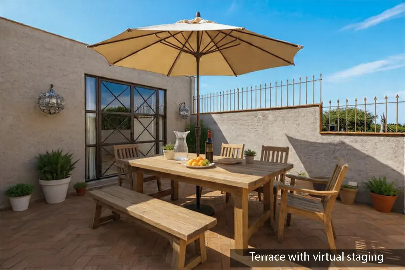 Casa Beatrice, roof terrace with a wood dining table, chairs and a cream umbrella, labeled as virtually staged, San Miguel de Allende