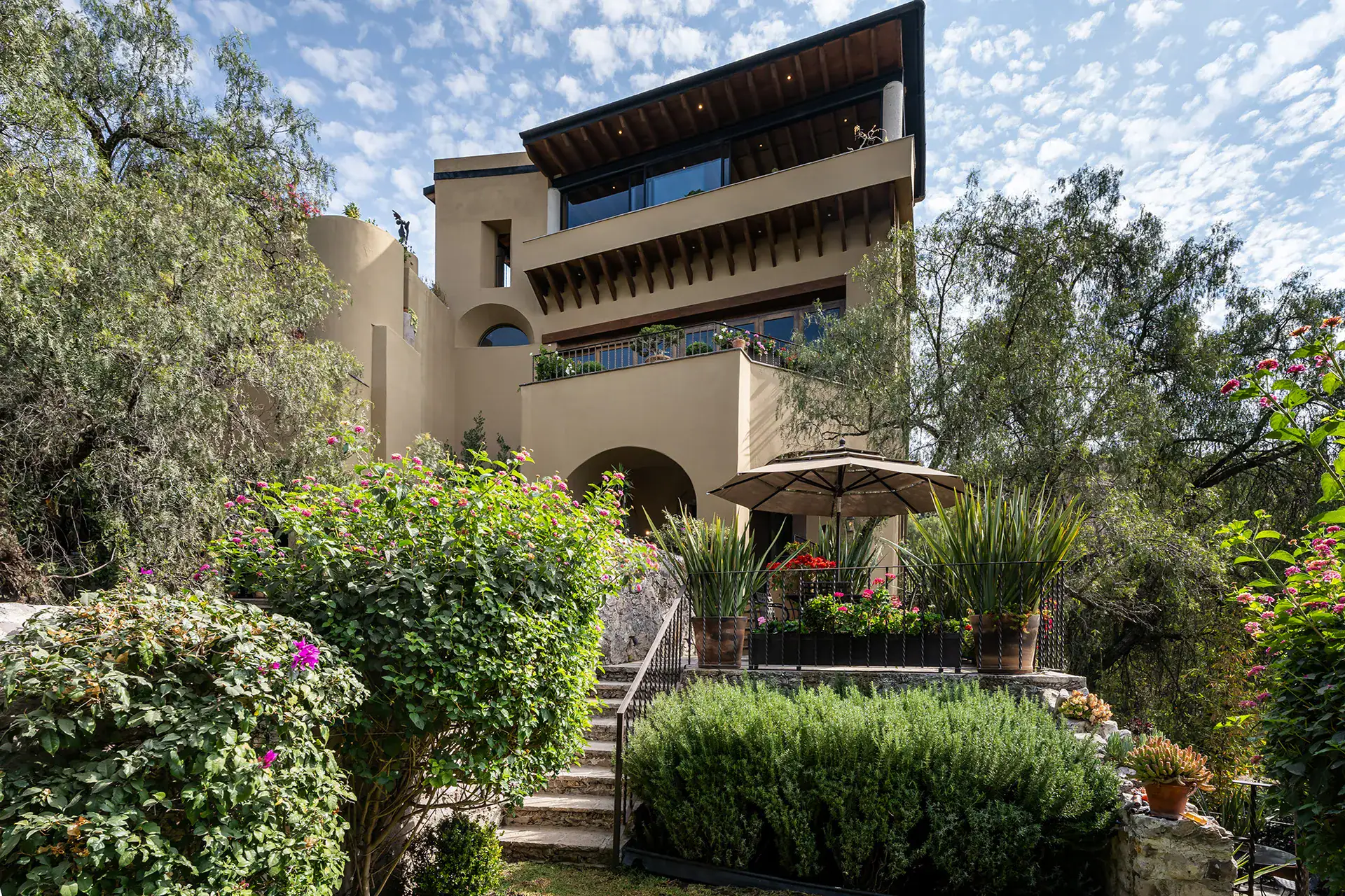 Casa Cañadita, multi-level house with terraces among olive trees and gardens, San Miguel de Allende