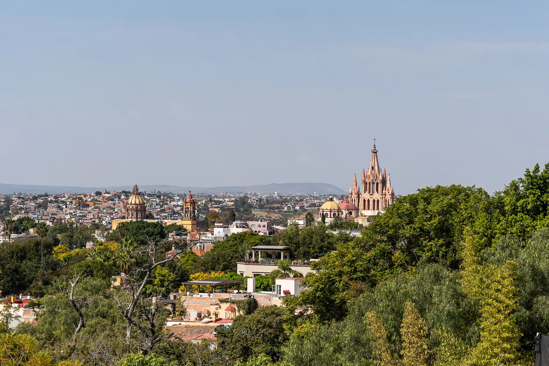 Casa Cañadita, view over the trees to the Parroquia and the city, San Miguel de Allende