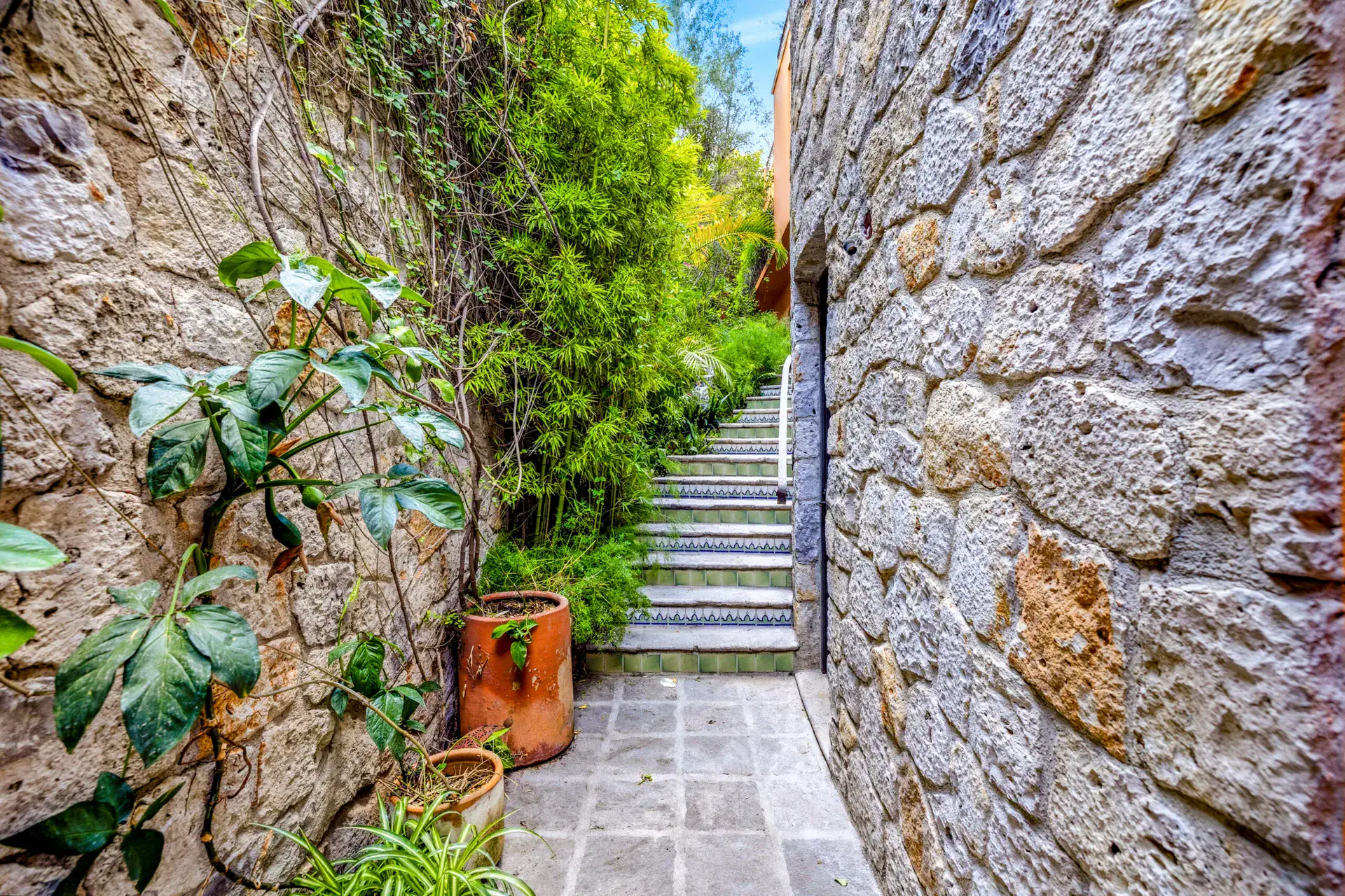 Casa Cascada, stone-walled stairway with tiled steps rising through a leafy garden, San Miguel de Allende