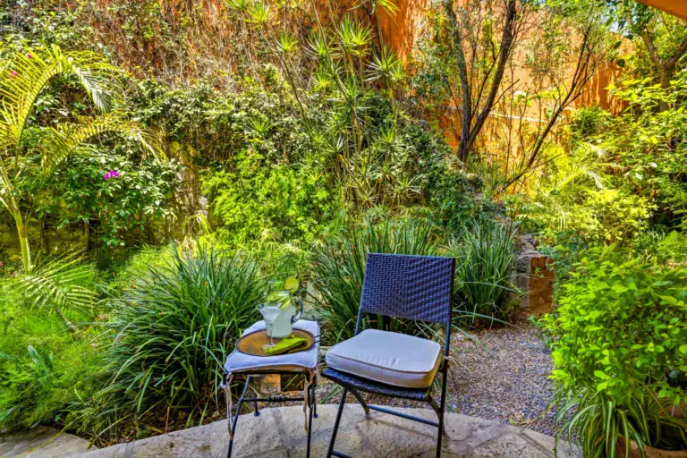 Casa Cascada, garden nook with a folding chair and side table among bamboo and ferns, San Miguel de Allende