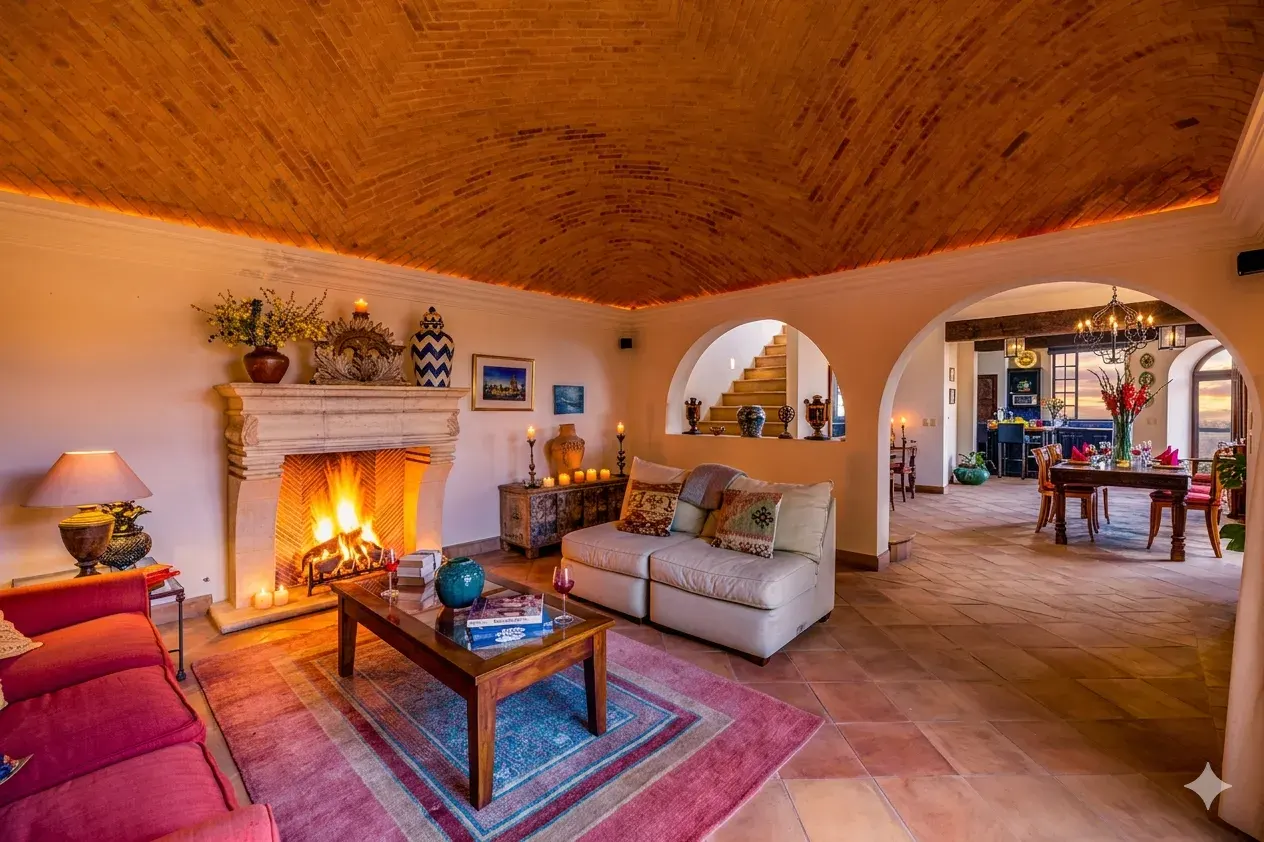 Casa Cascada, living room with the fireplace lit, arched openings and a view to the dining room, San Miguel de Allende