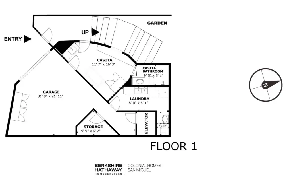 Casa Cascada, floor plan of floor 1 with the entry, garage, casita, laundry and storage, San Miguel de Allende