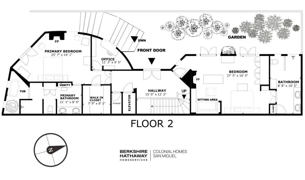 Casa Cascada, floor plan of floor 2 with the primary bedroom, office, bedroom, hallway and garden, San Miguel de Allende