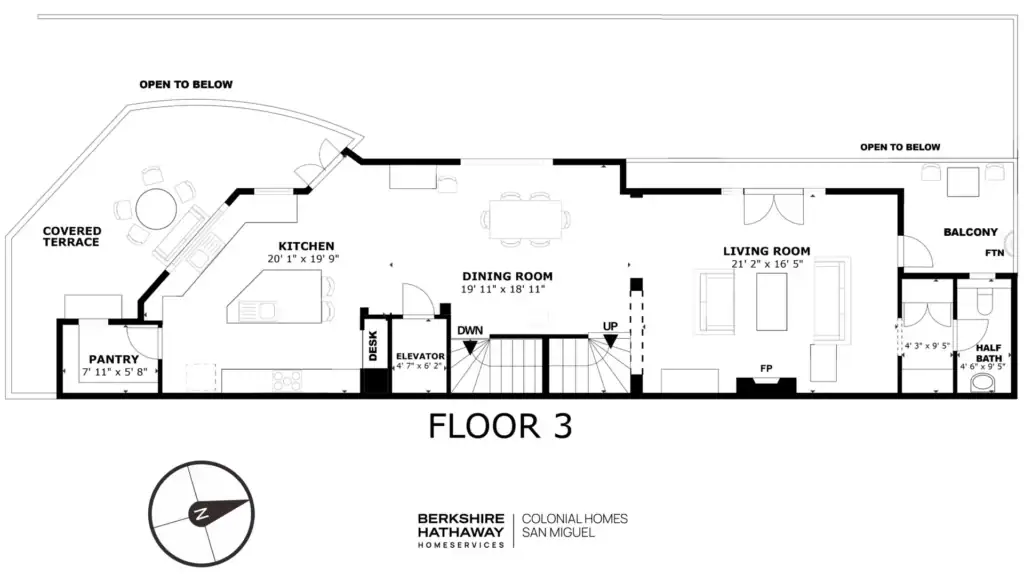 Casa Cascada, floor plan of floor 3 with the kitchen, dining room, living room, pantry and covered terrace, San Miguel de Allende