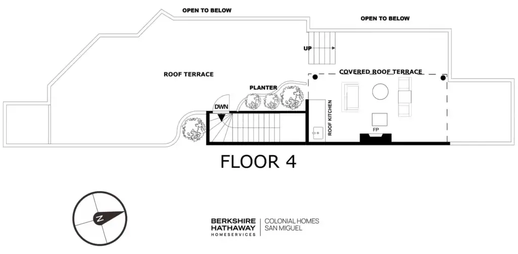 Casa Cascada, floor plan of floor 4 with the roof terrace, covered roof terrace and roof kitchen, San Miguel de Allende