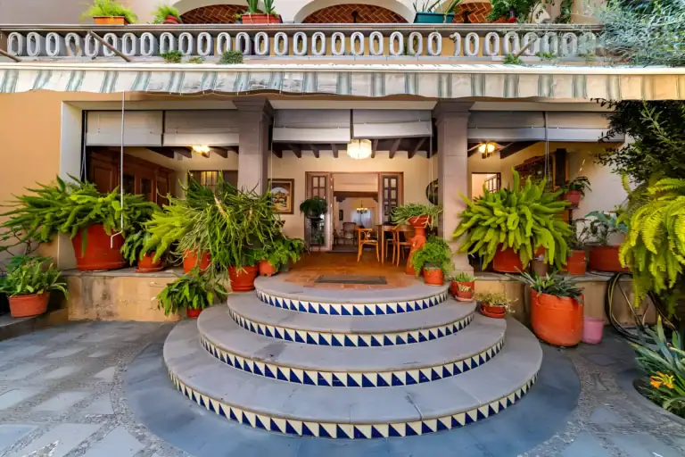Casa de la Gracia, round tiled steps leading up to a covered terrace with potted ferns, San Miguel de Allende