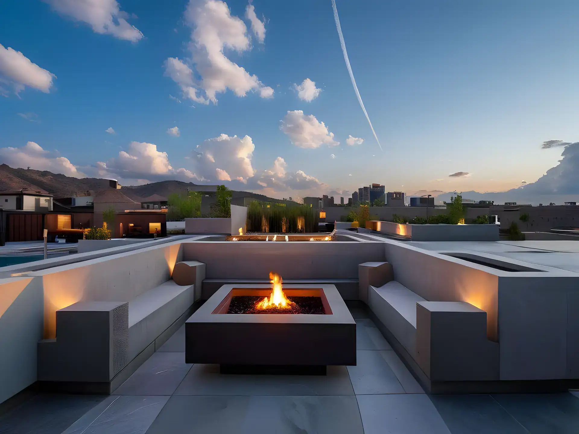 Casa de la Luz, rendering of the rooftop terrace with a fire pit and built-in concrete benches at dusk, with mountains behind, San Miguel de Allende