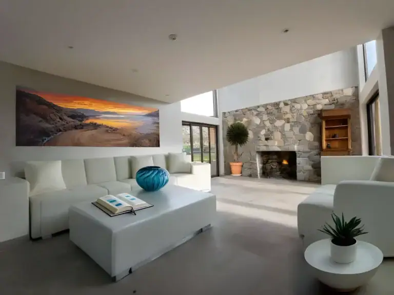 Casa de la Luz, rendering of a double-height living room with white sofas, a stone fireplace and a glowing landscape painting, San Miguel de Allende