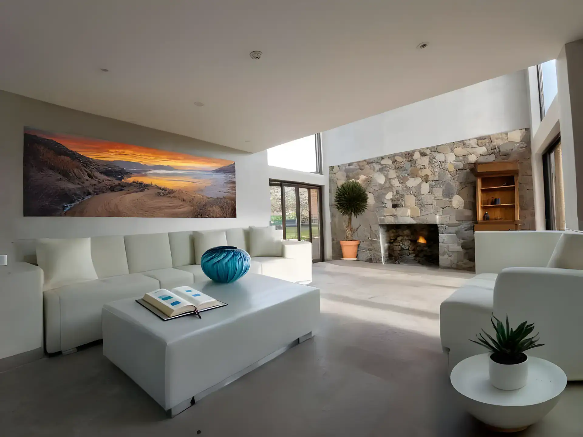 Casa de la Luz, rendering of a double-height living room with white sofas, a stone fireplace and a glowing landscape painting, San Miguel de Allende