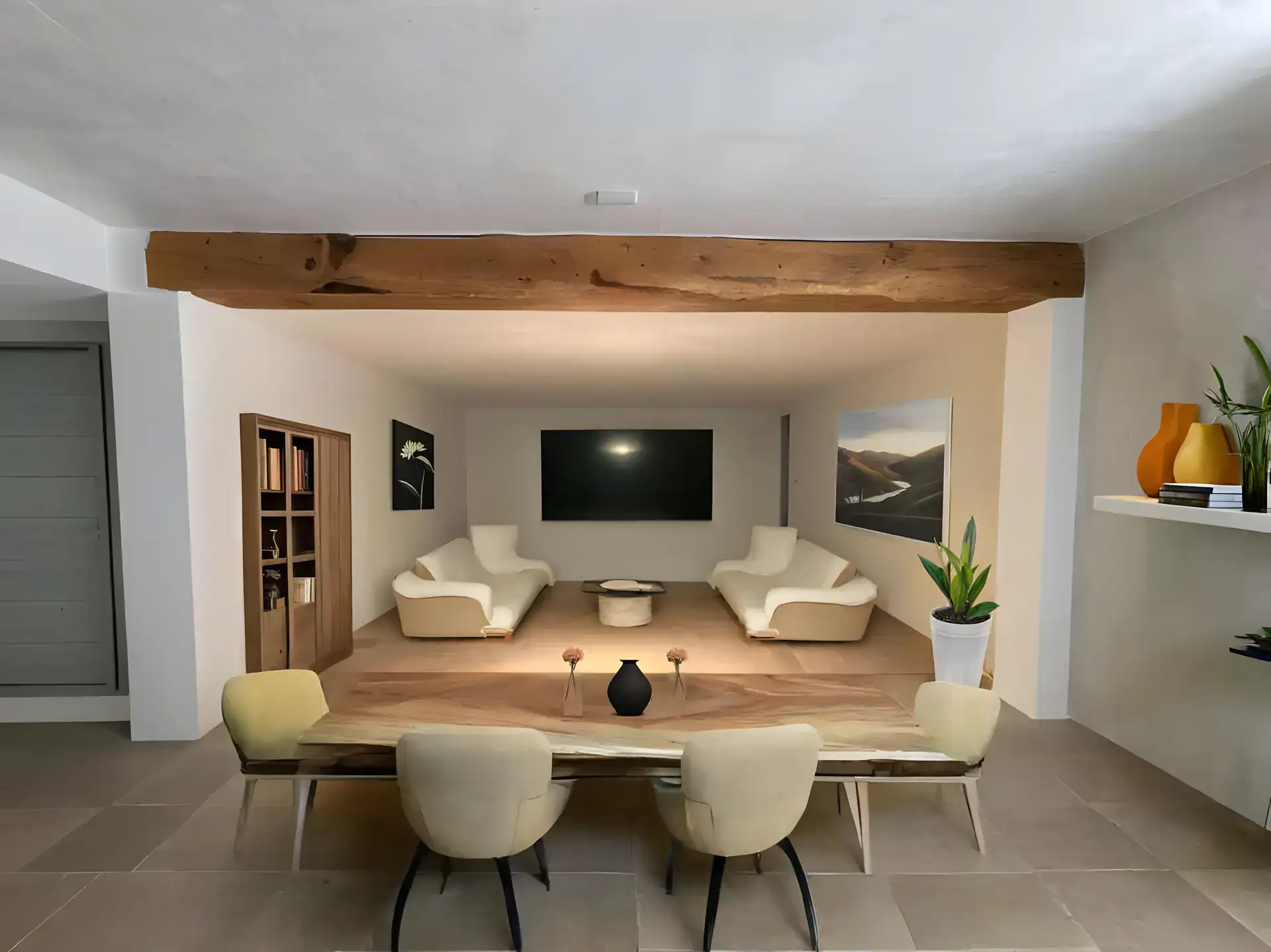 Casa de la Luz, rendering of a media room with a wall television, two white armchairs and a wood dining table with cream chairs, San Miguel de Allende