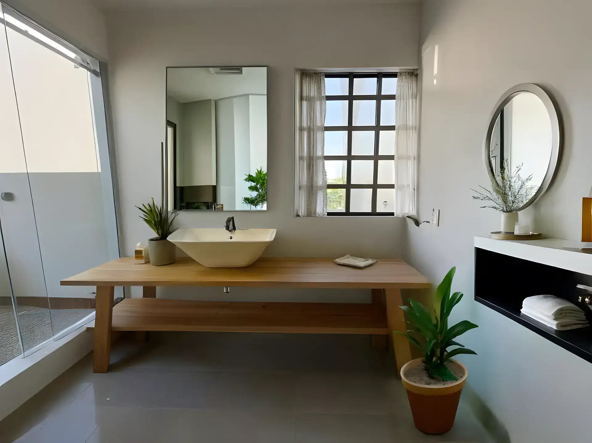 Casa de la Luz, rendering of a bathroom with a wood vanity, a vessel sink, round mirrors and a glass shower, San Miguel de Allende