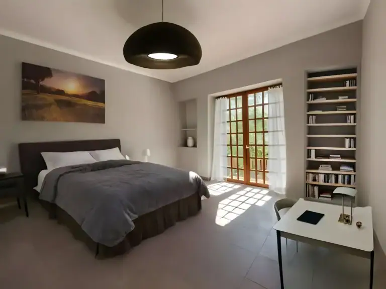 Casa de la Luz, rendering of a bedroom with a gray bed, a hanging pendant, a wood-framed glass door and a bookshelf, San Miguel de Allende