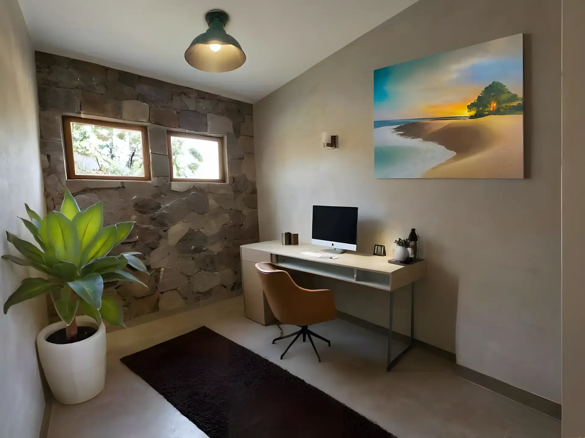 Casa de la Luz, rendering of a study with a stone wall, a desk, a computer and a beach sunset painting (repeat of the second rendering), San Miguel de Allende