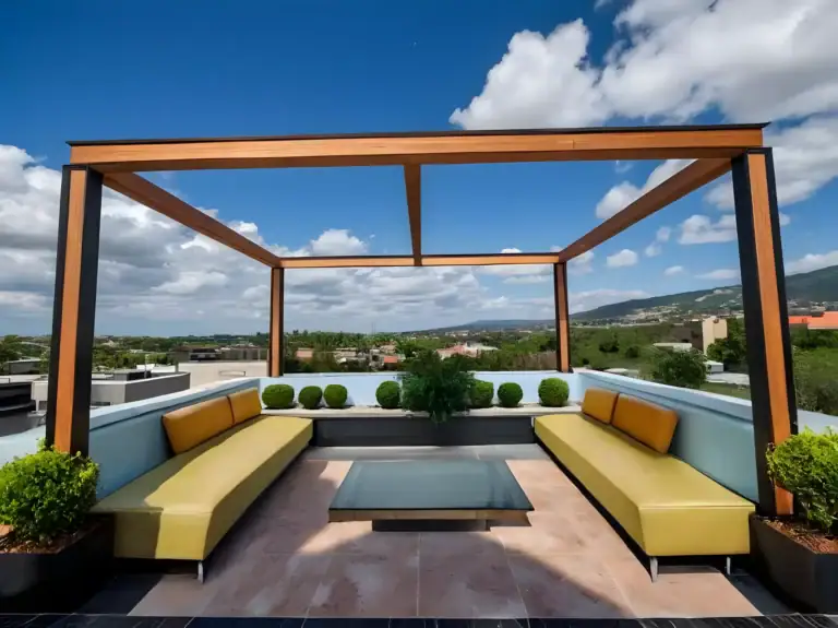 Casa de la Luz, rendering of a rooftop terrace with a wood pergola, two yellow sofas and a glass coffee table with views of the hills, San Miguel de Allende