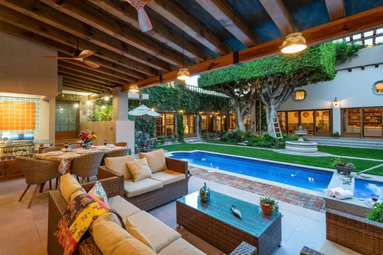 Casa del Angel, covered outdoor living area overlooking the pool and gardens, San Miguel de Allende