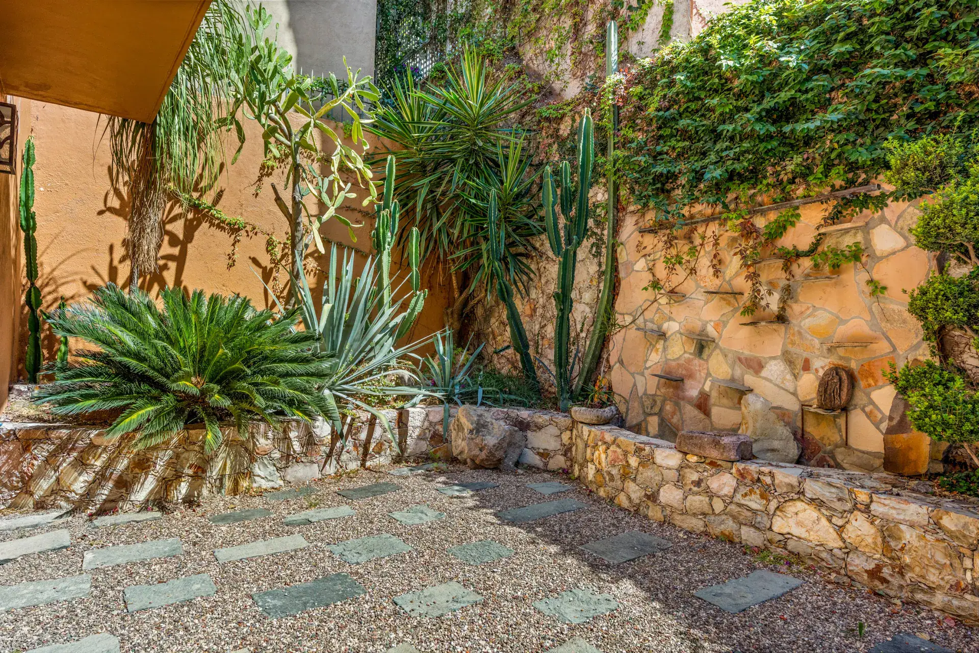 Casa del Artista, courtyard garden with a stone wall fountain, cactus, agave and ivy, San Miguel de Allende
