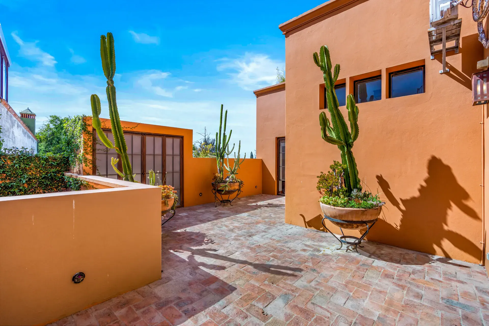 Casa del Artista, patio with brick paving, tall cactus in planters and the orange walls of the house, San Miguel de Allende
