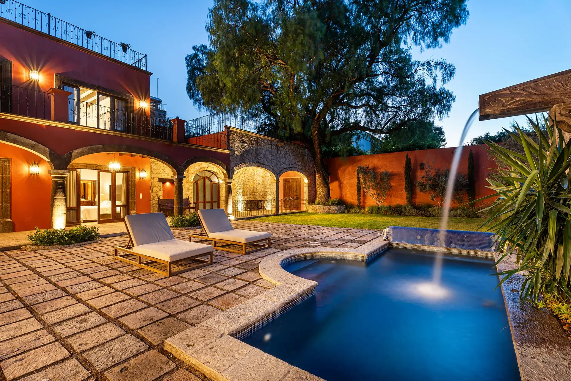 Casa Del Cardo, pool with a waterfall and stone lounging terrace, San Miguel de Allende