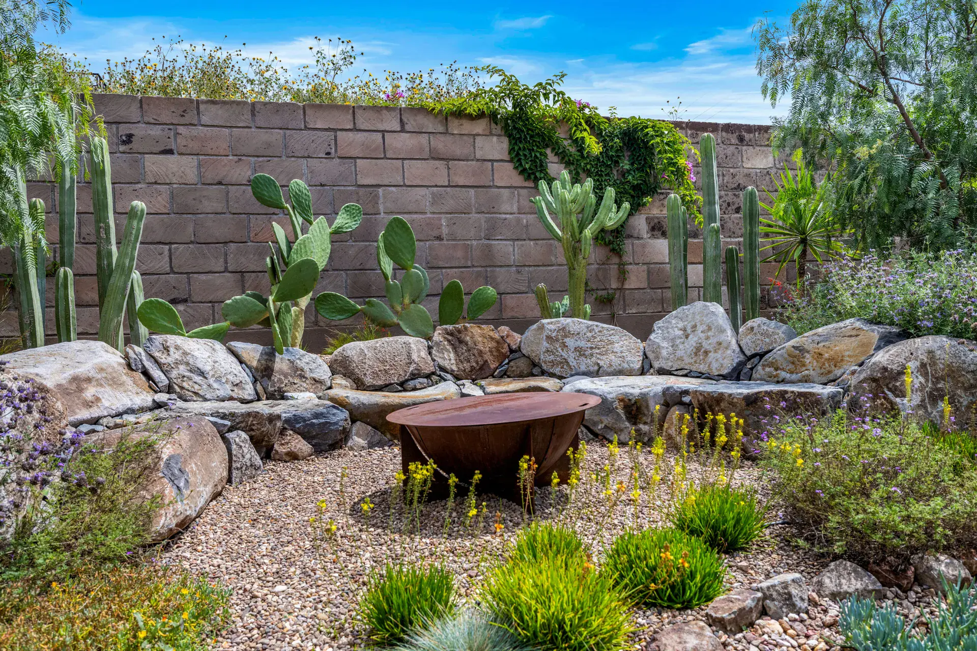 Casa Dos Gatos, garden with cactus, a copper fire bowl, boulders and flowering plants beside a block wall, San Miguel de Allende