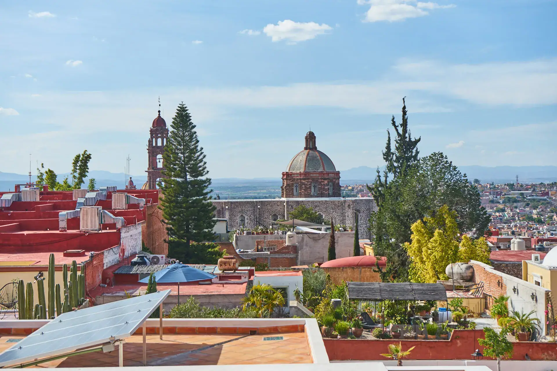 Casa Familia, view of the Parroquia dome and rooftops from the terrace, San Miguel de Allende
