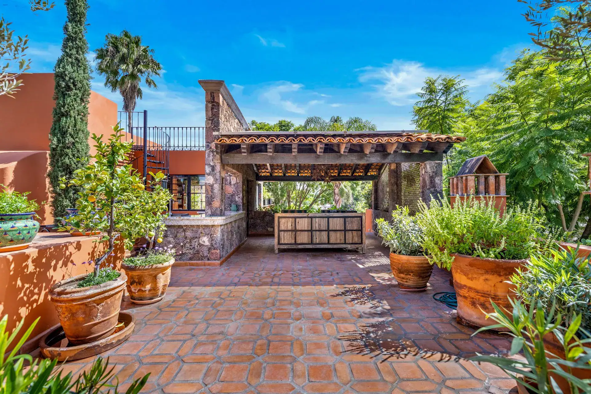 Casa Flora, rooftop terrace with a pergola, a stone wall and large potted plants, San Miguel de Allende