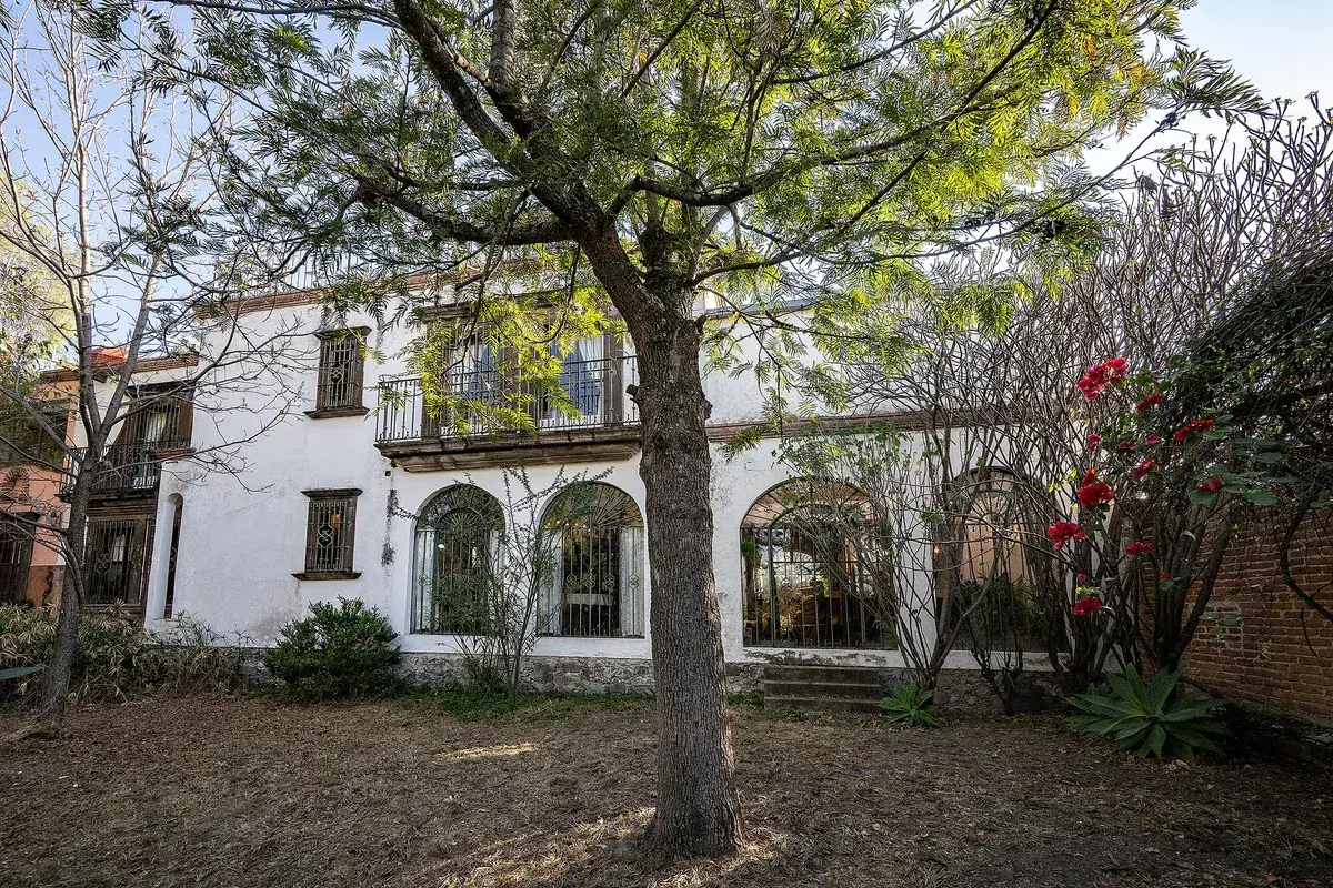 Casa Gracia, white two-story house with arched windows behind a large tree, San Miguel de Allende