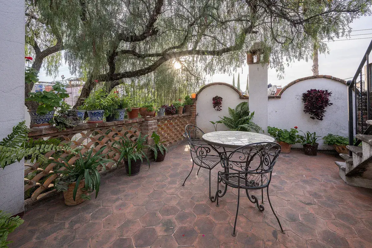 Casa Gracia, terrace with a bistro table, a stucco wall and a pepper tree, San Miguel de Allende