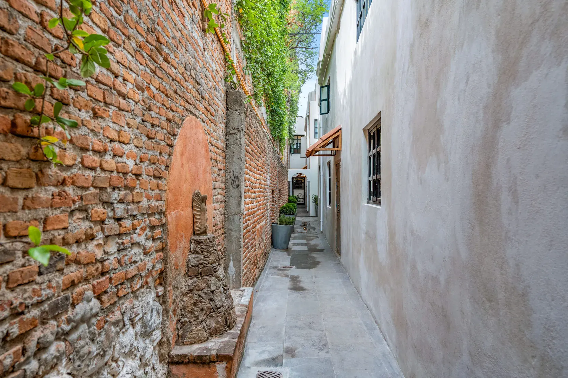 Casa Hidalgo, narrow side passage along a weathered brick wall with ivy and a pale stucco wall with a window, San Miguel de Allende