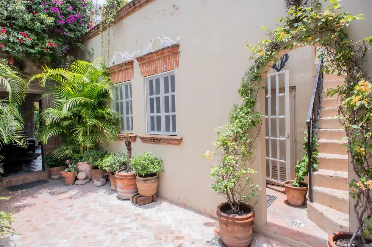 Casa Kate, courtyard with an arched doorway covered in vines, San Miguel de Allende